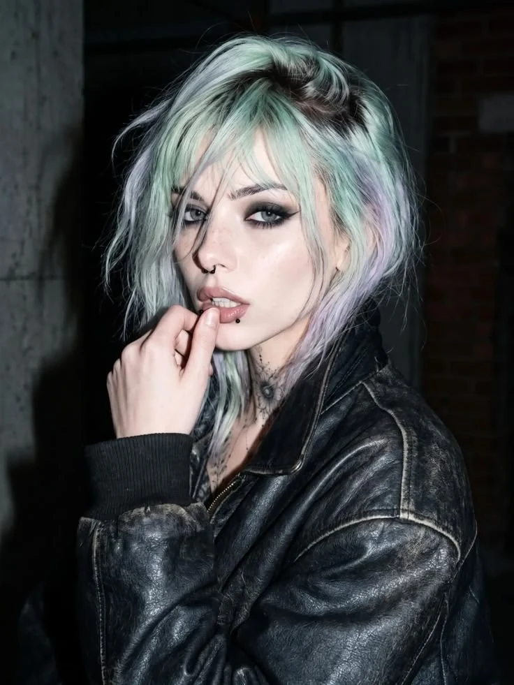 Hannah wearing a black leather jacket, pastel mint and lavender hair, looking toward the camera